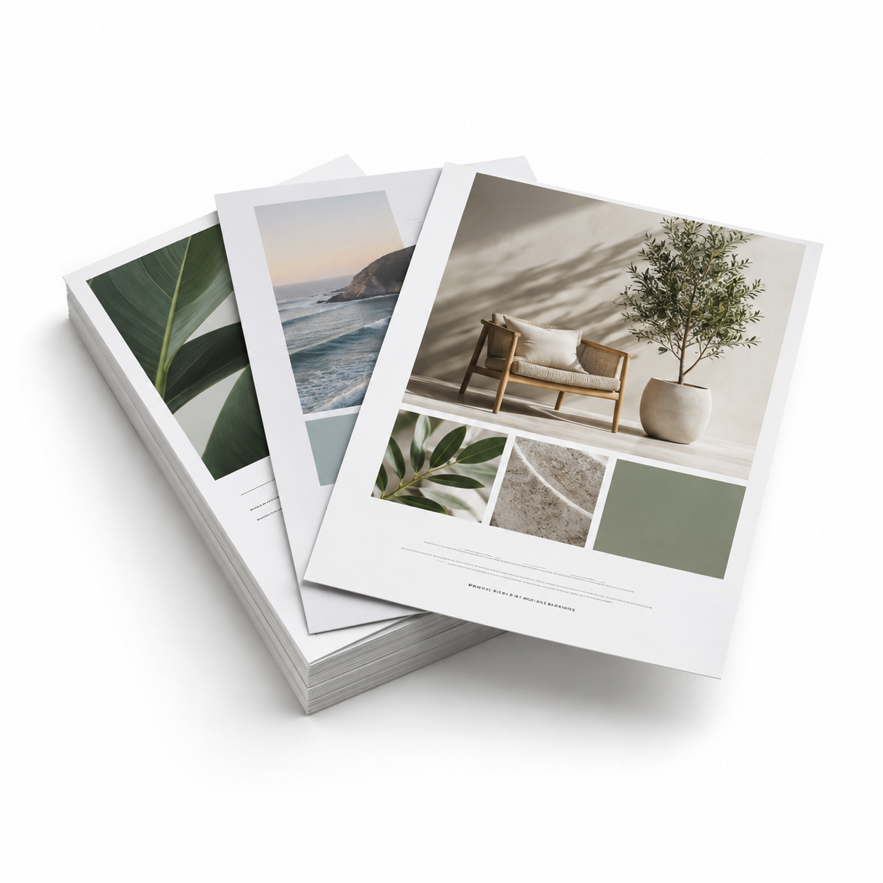 Neatly stacked and fanned full-color flyers on a white background