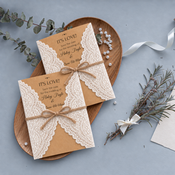 Custom wedding invitation with white lace wrap and hemp bow
